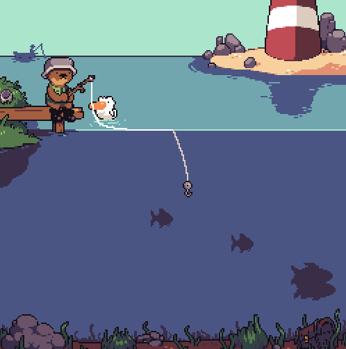 A screenshot of a pixel fishing game